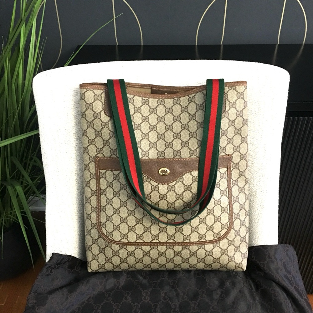 Gucci Beige and Brown Tote with Green and Red Straps